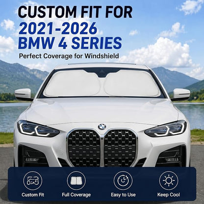 Custom Fit Windshield Sun Shade for BMW 4 Series 2021-2026 | Custom Fit Windshield Cover, Blocks UV Rays, Double-Layer Heat Shield, Durable Frame, Easy Fold & Storage