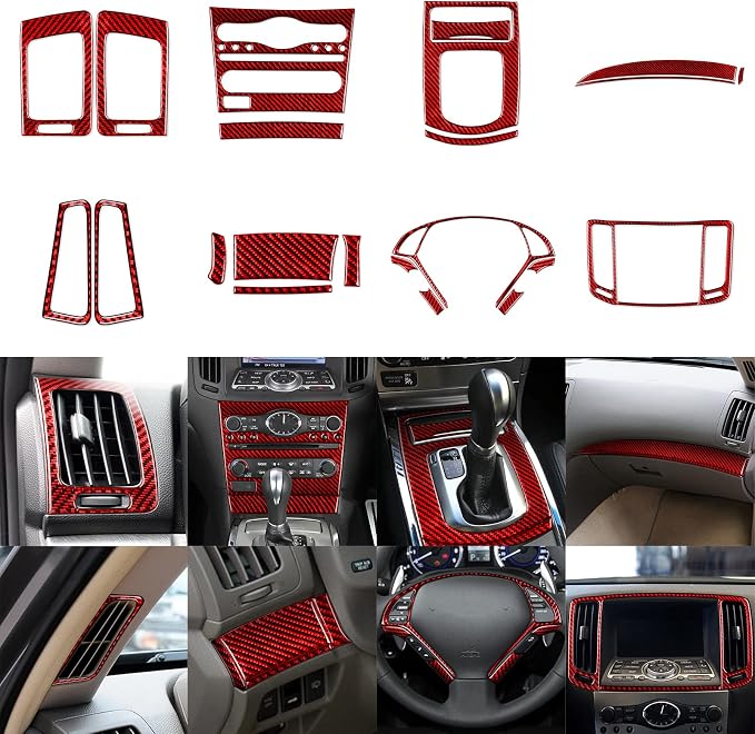 NVCNX Real Carbon Fiber for Infiniti G37 2011-2013 Coupe Sedan Convertible Interior Trim Kit Accessories Cover Decal Set Air Vent Gear Shift Panel Center Console Black/Red 23PCs (Red)