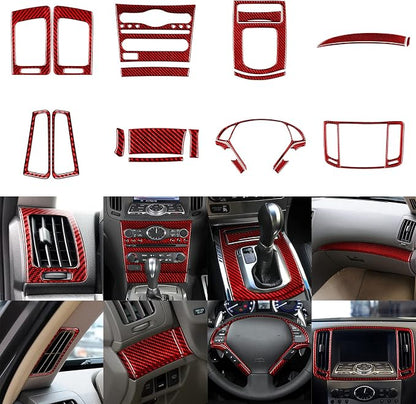 NVCNX Real Carbon Fiber for Infiniti G37 2011-2013 Coupe Sedan Convertible Interior Trim Kit Accessories Cover Decal Set Air Vent Gear Shift Panel Center Console Black/Red 23PCs (Red)
