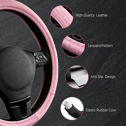 Road Comforts Steering Wheel Cover - Made with PVC Leather and Leopard Fabric - Universal 14 1/2 inches to 15 inches for Most Automotive Steering Wheel - Cheetah Print - All Pink