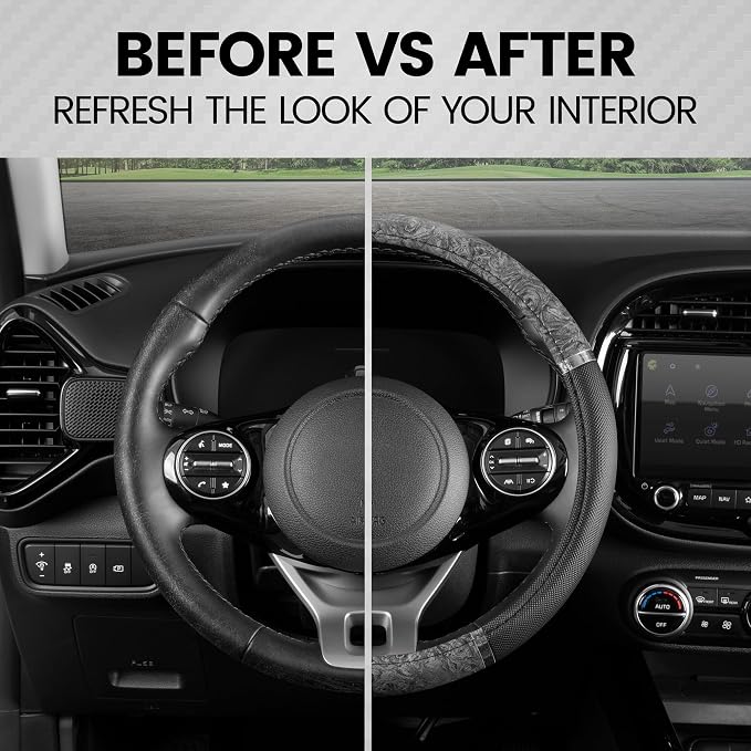 BDK Chrome Wood Grain Black & Gray Steering Wheel Cover for Cars, Trucks, Van, SUVs - Elegant and Comfortable Grip Accessories