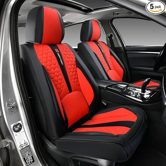 Car Seat Cover Set, Automotive Interior Accessories, Red, Waterproof Leather, With Lumbar Support, Airbag Compatible, 5-Piece Full Set, Pet-Friendly Car Seat Covers, Fits Suvs, Sedans, Pickup Trucks