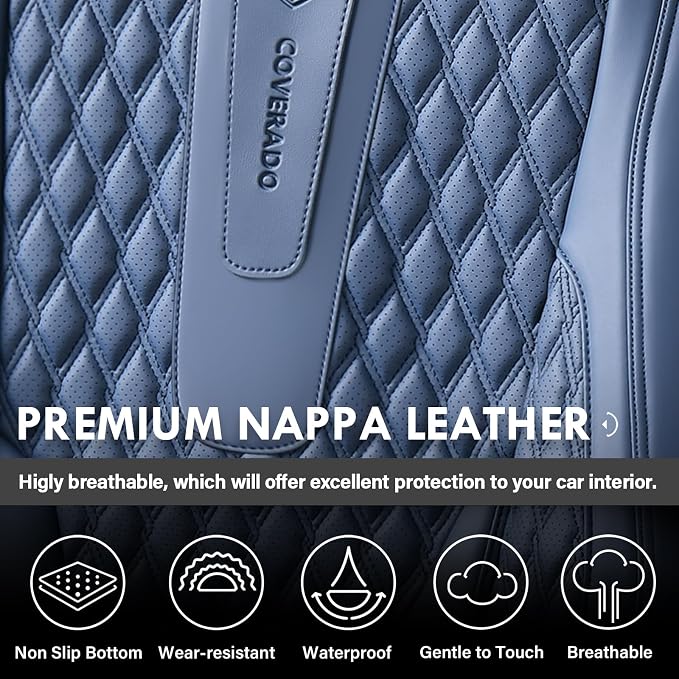 Coverado Car Seat Covers Full Set, Nappa Leather Seat Covers for Car, Waterproof Car Seat Protector with Lumbar Support, Automotive Seat Covers Universal Fit for Most Cars SUV Trucks (Blue)