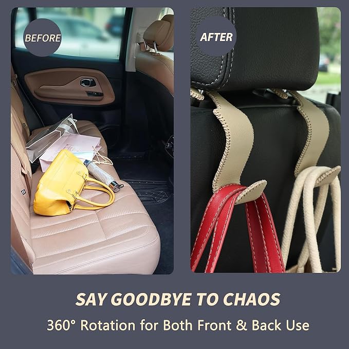 Amooca Car Seat Headrest Hook 4 Pack Metal Core Hanger Universal Car Storage Organizer for Handbag Purse Coat S Type Leather Beige