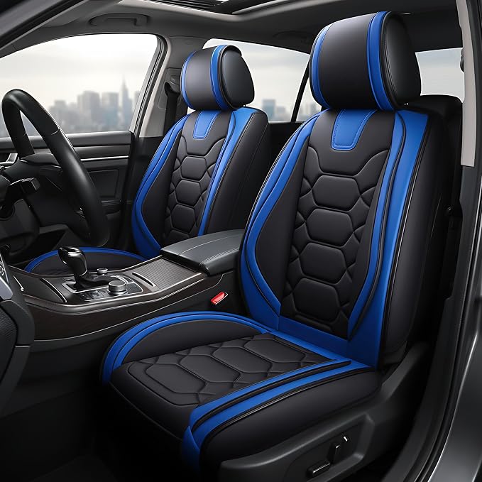 OASIS AUTO Car Seat Covers Front Seats, Sporty Honeycomb Waterproof Faux Leather Protectors, Universal Fit for SUV, Sedan, Truck Interior Accessories (OS-004 Black&Blue)