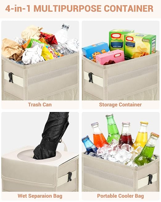 Capolo Car Trash Can with Lid, Leakproof Car Trash Bag Hanging Waterproof Automotive Garbage Can with Storage Pockets Mini Vehicle Trash Bin for Back/Front Seat(Beige,4 Gallon)