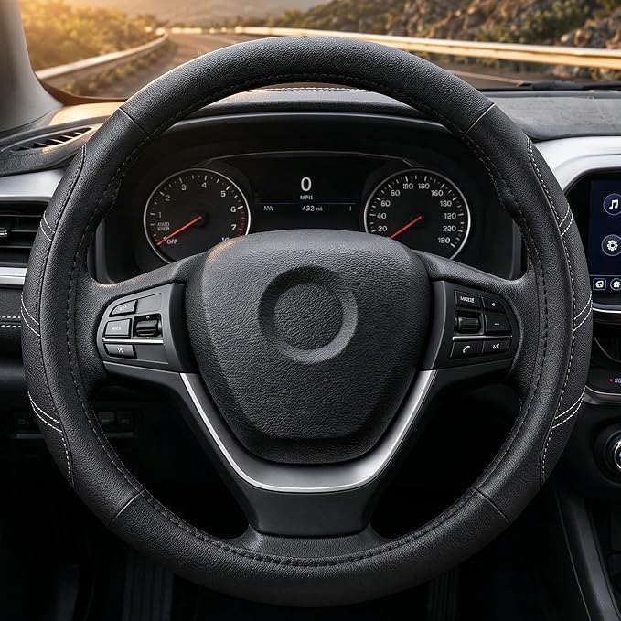 Black Line Punching Car Steering Wheel Cover, Microfiber Leather Sports, 14.5-15 in Universal Leather Wheel Covers, Breathable Fashion Anti-Slip, Steering Wheels Accessories for Men Women