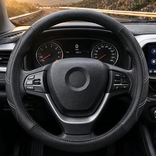 Black Line Punching Car Steering Wheel Cover, Microfiber Leather Sports, 14.5-15 in Universal Leather Wheel Covers, Breathable Fashion Anti-Slip, Steering Wheels Accessories for Men Women