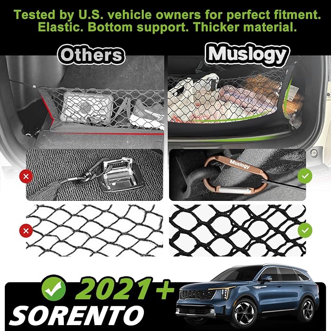 Muslogy Truck Bed Cargo Net Trunk Netting Compatible with 2021-2024 2025 2026 Kia Sorento Accessories, Pickup Cargo Organizer SUV Sedan Storage Net w/Heavy Duty Carabiners