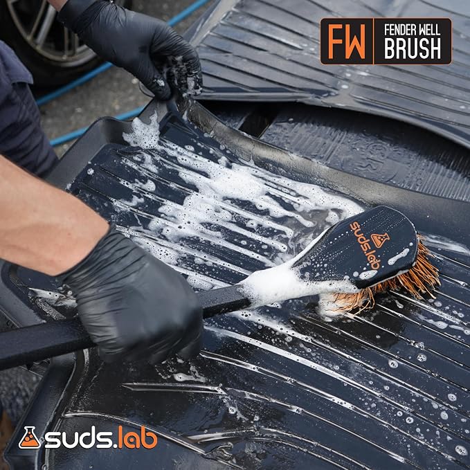 Suds Lab FW Fender Well Brush, Car Wash Brush, Long Handle Tire Cleaner for Car Detailing, 18 Inch, Soft Bristles, Non-Slip Grip, Black