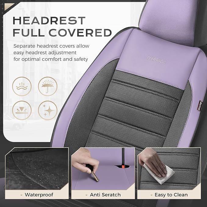 Coverado Car Seat Covers Front Seats, Luxury Leather Car Seat Covers, Automotive Front Mesh Seat Covers, Purple&Black Seat Covers for SUV Sedan Truck