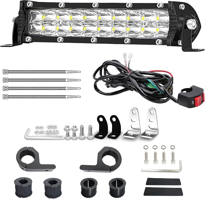 Light Bar for eBike, 7 Inch Motorcycle Dirt Bike LED Headlight 60W 6000lm with 7/8" Handlebars Mounting Clamp Brackets and 12V Wiring Harness Switch, CRF XR TTR KLX MTB Dirtbike Night Riding Light Kit