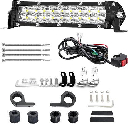 Light Bar for eBike, 7 Inch Motorcycle Dirt Bike LED Headlight 60W 6000lm with 7/8" Handlebars Mounting Clamp Brackets and 12V Wiring Harness Switch, CRF XR TTR KLX MTB Dirtbike Night Riding Light Kit