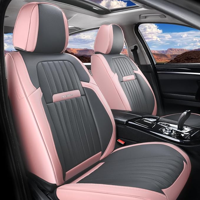 Coverado Car Seat Covers Front, Seat Covers for Cars, Waterproof 2-Pack Car Seat Cushions, Leather Carseat Seat Protectors, Universal Seat Covers Fit for Most Sedans SUV Pick-up Trucks(Pink&Grey)