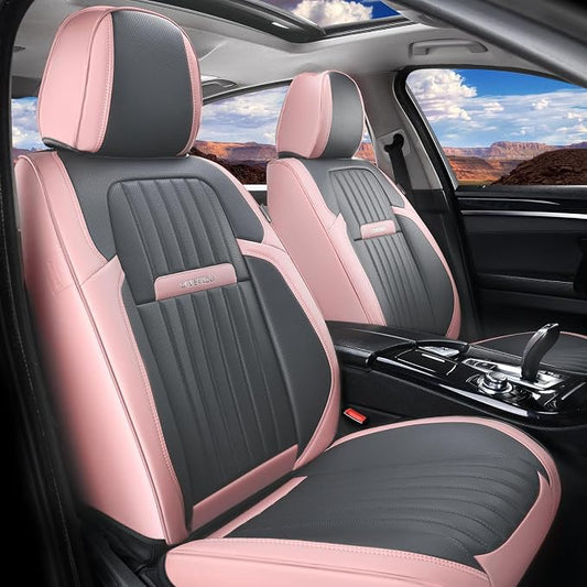 Coverado Car Seat Covers Front, Seat Covers for Cars, Waterproof 2-Pack Car Seat Cushions, Leather Carseat Seat Protectors, Universal Seat Covers Fit for Most Sedans SUV Pick-up Trucks(Pink&Grey)