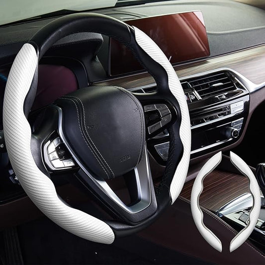 WOCOCN 2pcs Car Steering Wheel Cover,Anti-Skid Carbon Fiber Steering Wheel Protector for Men Women,Multiple Color Options,Universal for Most Car Interiors Accessories (White)