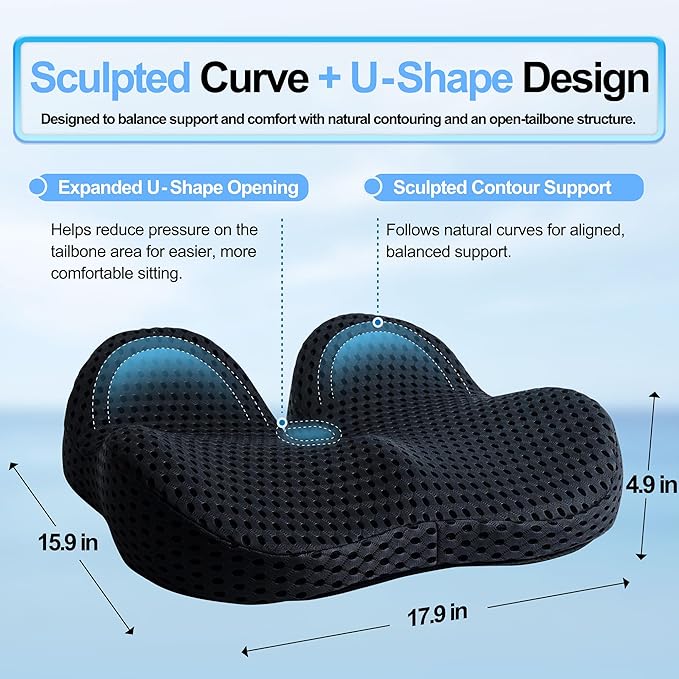 Ergonomic Memory Foam Seat Cushion Hemorrhoid Pillow for Hip Sciatica and Tailbone Pain Relief for Office Chair Car and Home (Black)