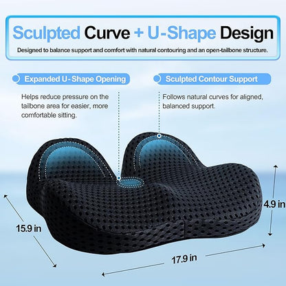 Ergonomic Memory Foam Seat Cushion Hemorrhoid Pillow for Hip Sciatica and Tailbone Pain Relief for Office Chair Car and Home (Black)