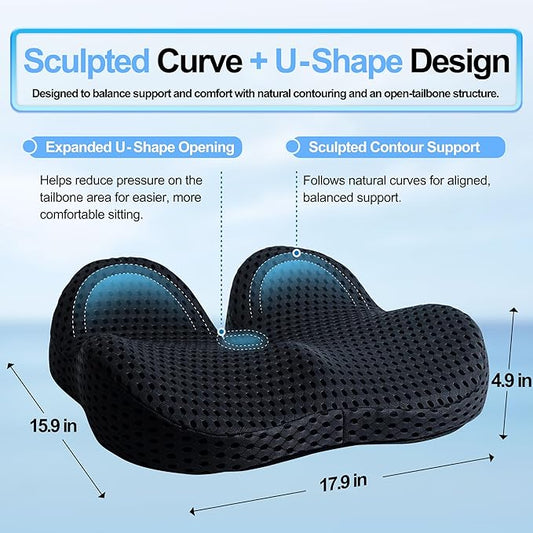 Ergonomic Memory Foam Seat Cushion Hemorrhoid Pillow for Hip Sciatica and Tailbone Pain Relief for Office Chair Car and Home (Black)