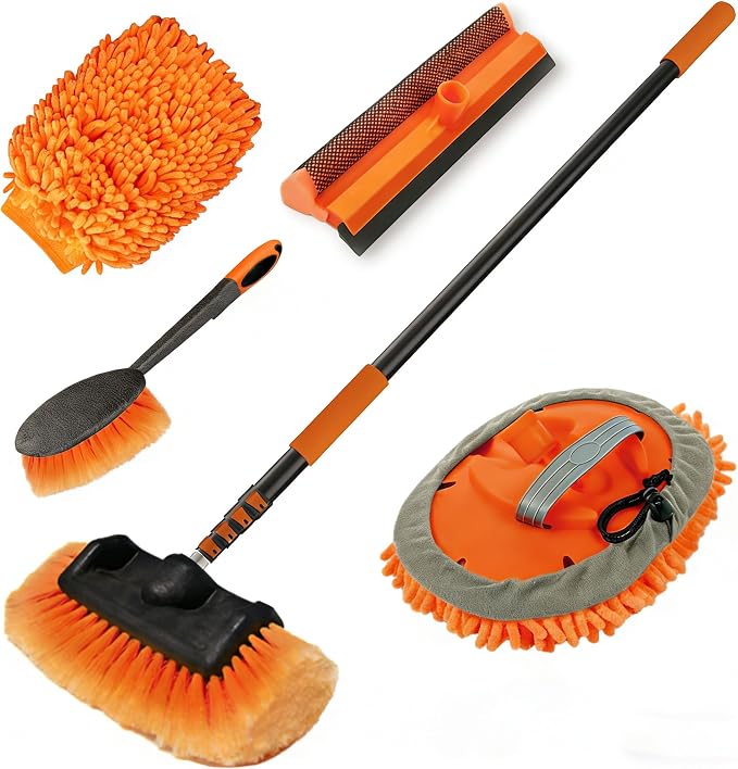 LAANPOLE 12FT Car Wash Brush with Long Handle, Car Cleaning Kit with Soft Bristle Wash Brush, Microfiber Cleaning Mop, Window Squeegee, Mitt, Wheel Brush for RV, Truck, Boat, House Siding