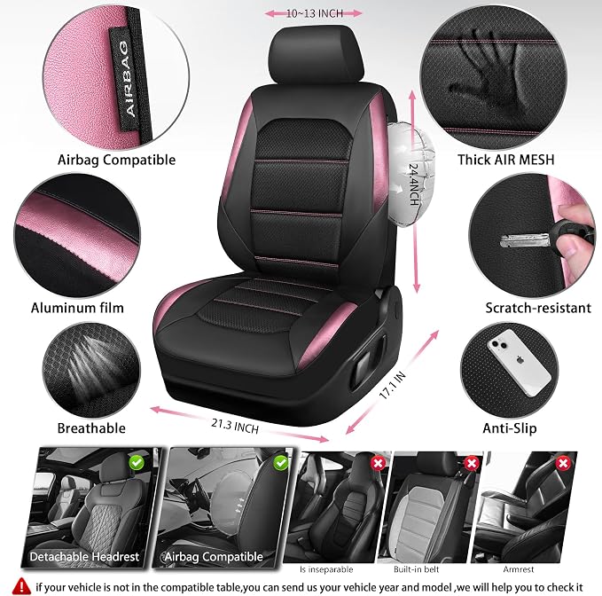 CAR PASS Memory 3D Foam Car Seat Covers Full Set, Breathable Mesh Thick Seat Covers for Car, Pink Metal Film Leather Seat Covers, Universal Automotive Comfort for SUVs Trucks, Black Pink