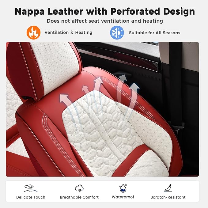 Huidasource Seat Covers for Cars, Leather Car Seat Covers Front and Rear Seat Full Set, Automotive Car Seat Cushion Covers Protector 5 Seats Fit for Most Cars SUV Trucks, Red & White