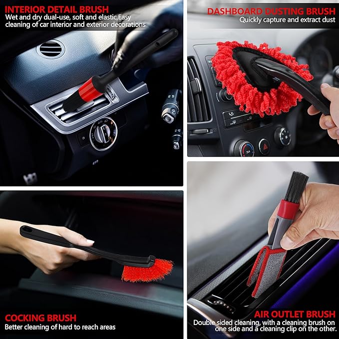 32Pcs Red Car Detailing Kit – Brush Set & Cleaning Kit with Drill Brush, Polishing/Waxing Pads, Interior/Exterior Tools for Wheels & Windshield – Portable Handbag