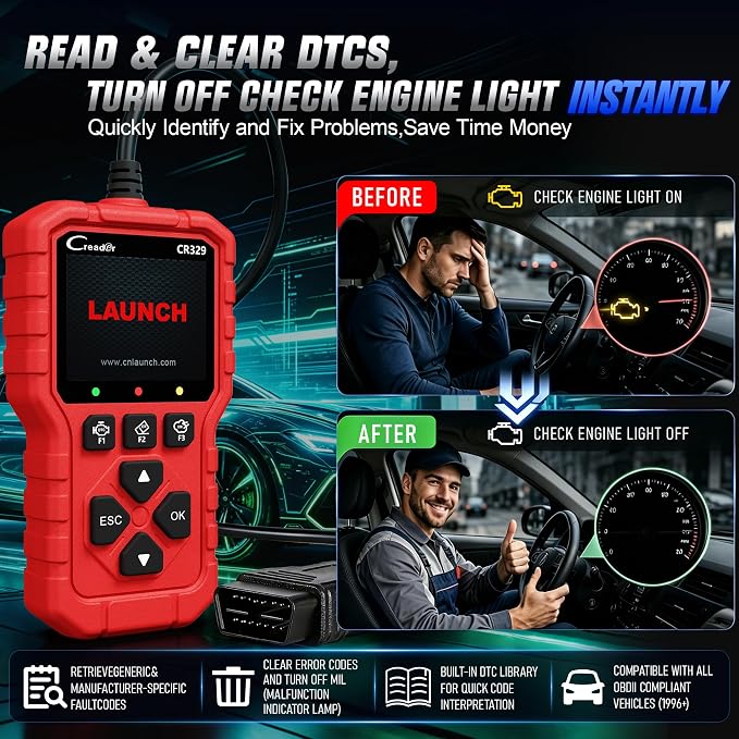 LAUNCH Creader 329 OBD2 Scanner, Full OBDII Functions Car Diagnostic Tool, Engine Code Reader with Battery Test, I/M Readiness, Mode 6&8 Test, Data Stream Car Fault Scanner