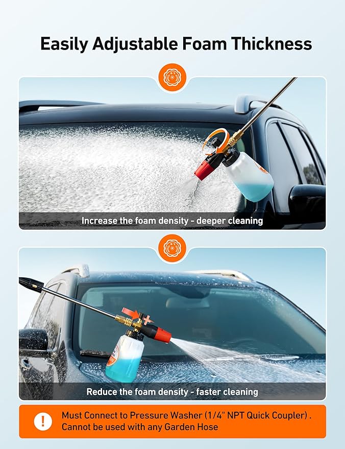 AstroAI Foam Cannon, Heavy Duty Durable Car Wash Foam Sprayer for Pressure Washer with 1/4" Quick Connector, Wide Neck Adjustable Snow Foam Lance and Thick Foam, Easy Install for Versatile, 1L Bottle