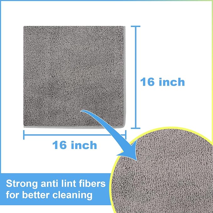 Car Wash Towels 16x16 - Microfiber, Grey 6-Pack | Premium microfiber is highly absorbent, lint-free & reusable. Perfect for car interior, exterior, kitchen & home.