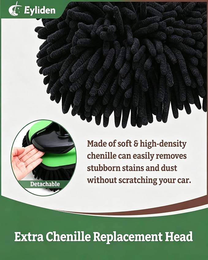 Eyliden Car Wash Brush Mop with Long Handle, 90° Swivel Head with 45° Angle Lock, 2 Scratch-Free Microfiber Heads, Car Detailing Kit for Car Truck RV, Green & Black