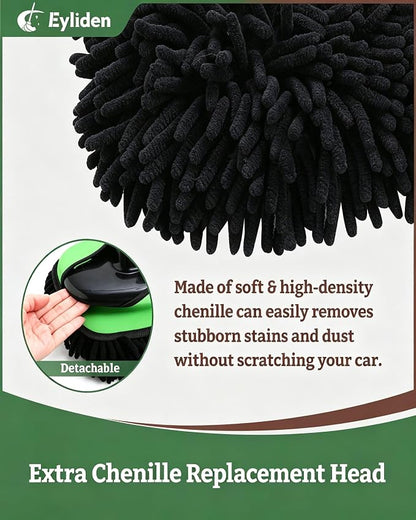 Eyliden Car Wash Brush Mop with Long Handle, 90° Swivel Head with 45° Angle Lock, 2 Scratch-Free Microfiber Heads, Car Detailing Kit for Car Truck RV, Green & Black