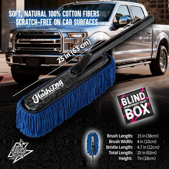Flash Dog Car Duster Exterior – No Dust Scattering Auto Duster Brush with Classic Wood Handle, Wax-Treated Cotton Head, Scratch-Free, Reusable Dust Remover for Car, Truck, SUV