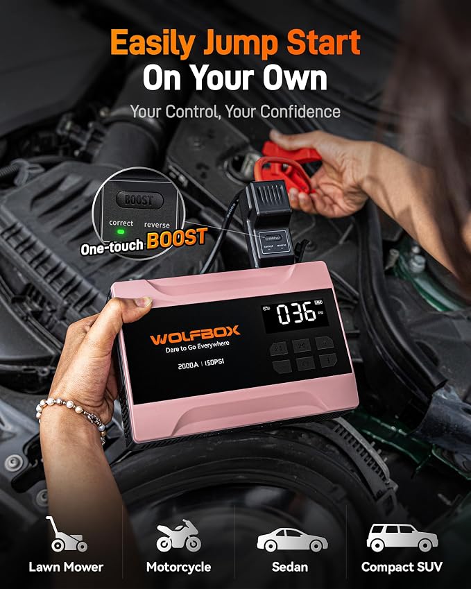 WOLFBOX 2000A Jump Starter with Air Compressor, 37Wh Car Battery Booster Jumper Starter Portable(up to 5L Gas Engine), 12V Jump Box Pack with 150PSI Tire Inflator, Jumper Cables, LED Light — Rose Gold
