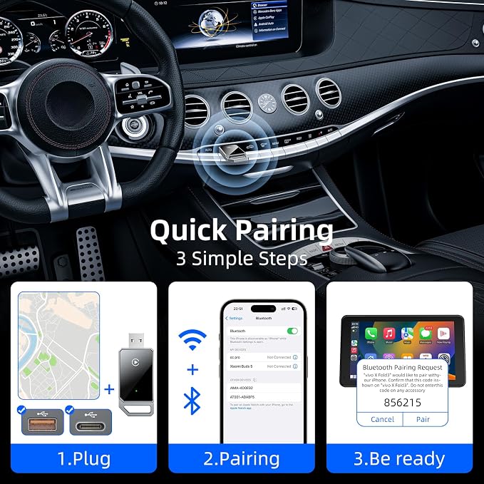 Wireless Carplay Adapter for iPhone Apple, 2026 Mini CarPlay Dongle, Plug & Play, No Delay, Convert Wired to Wireless Bluetooth Apple Carplay, with USB&USB-C, for iOS 10+ and 2016+ Cars,black1