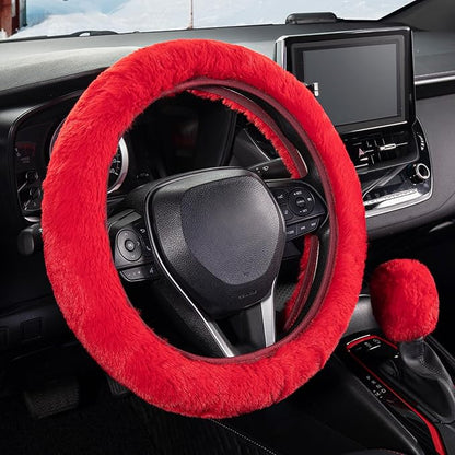 SEG Direct Furry Car Steering Wheel Cover with Fluffy Gear Shift Cover Soft Warm Non-Slip Car Decoration for Women Girls 2 PCS Set, Red