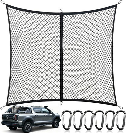 Cargo Net for Pickup Truck Bed, Highly Elastic Truck Bed Net, Suitable for Daily Light Loads of Trucks, 4'x4' Stretches to 7'x7', with 6 Metal Carabiners
