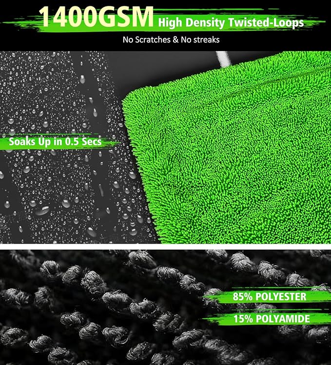 YeewayVeh 'Agile Giant' Car Drying Towel, 28x36 Inch Quick Car Wash Drying Towels, 1400 GSM Super Absorbent, Double Sided Microfiber Towels for Cars Effortless & Scratch-Free Detailing, Green