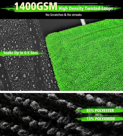 YeewayVeh 'Agile Giant' Car Drying Towel, 28x36 Inch Quick Car Wash Drying Towels, 1400 GSM Super Absorbent, Double Sided Microfiber Towels for Cars Effortless & Scratch-Free Detailing, Green