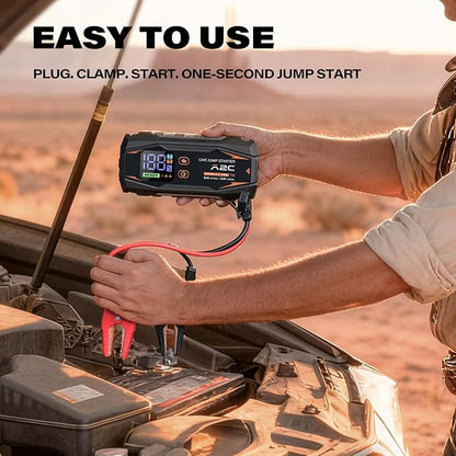 A2C Portable Jump Starter, 12V Auto Battery Booster, Power Bank, LED Light | Fits 6.0L Gas/3.0L Diesel. Features QC3.0 fast charging, smart safety clamps (short/reverse protection), & 3 lighting modes.