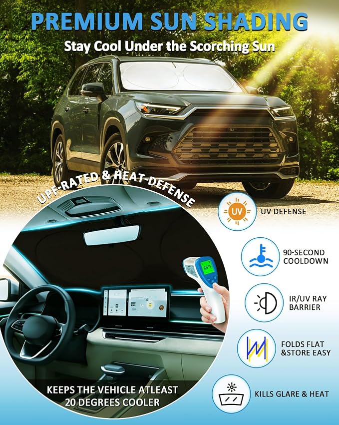 Sun Shade for Highlander Windshield Sunshade fit for Toyota Highlander 2020-2025 Accessories Front Window Cover Shield Car Foldable Sun Visor Protector Block UV Ray Heat Keep Your Car Cool