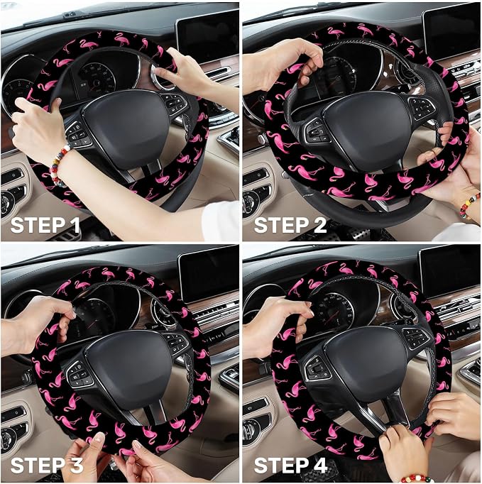 GENANY Pink Flamingo Steering Wheel Cover, Non Slip Polyester Car Wheel Protector for Car SUV Truck, Universal 15 Inch