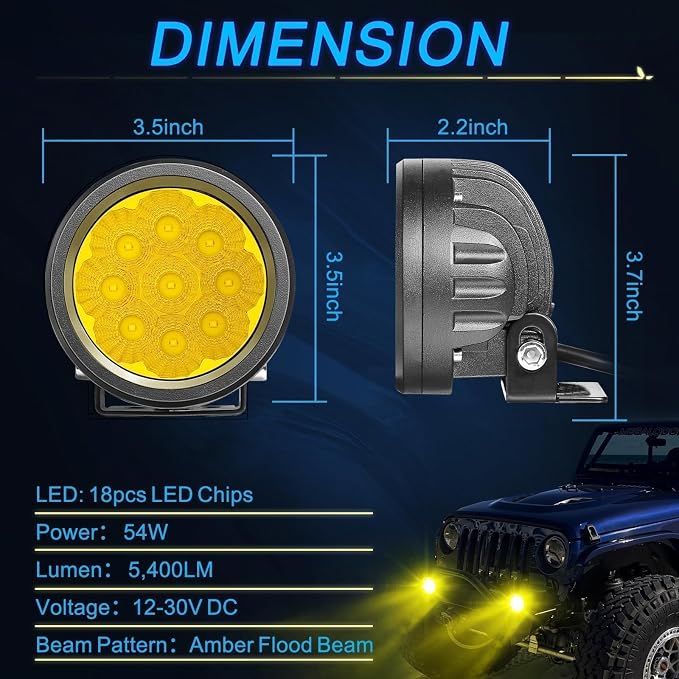 ACEC SHOP Amber Round LED Pods 2PCS 54W 3.5 Inch Yellow Pod Lights Round LED Offroad Light Flood Light Bars Yellow Fog Lights for Wrangler Truck Tacoma SUV UTV ATV