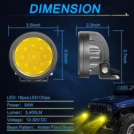 ACEC SHOP Amber Round LED Pods 2PCS 54W 3.5 Inch Yellow Pod Lights Round LED Offroad Light Flood Light Bars Yellow Fog Lights for Wrangler Truck Tacoma SUV UTV ATV