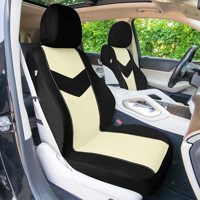 Universal Fit Chevron Flat Cloth Car Seat Covers Full Set - Beige