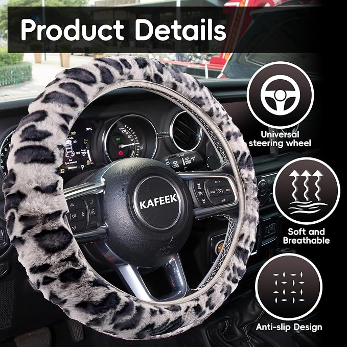 KAFEEK Elastic Long Microfiber Plush Steering Wheel Cover for Winter Warm, Universal 15 inch, Anti-Slip, Odorless, Leopard Gray