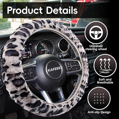 KAFEEK Elastic Long Microfiber Plush Steering Wheel Cover for Winter Warm, Universal 15 inch, Anti-Slip, Odorless, Leopard Gray