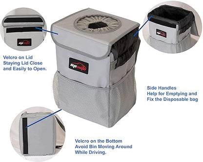 EPAuto Waterproof Car Trash Can with Lid and Storage Pockets, 2.5 Gallon Leakproof, Gray