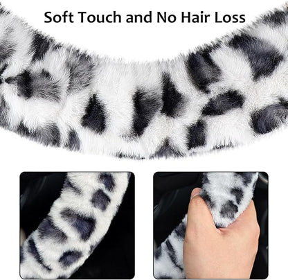 Accmor Fuzzy Car Steering Wheel Cover, Universal Fit Fur Auto Wheel Cover & Handbrake Cover & Gear Shift Cover Set, Leopard Winter Warm Fluffy Vehicle Wheel Protector Car Accessories for Men Women
