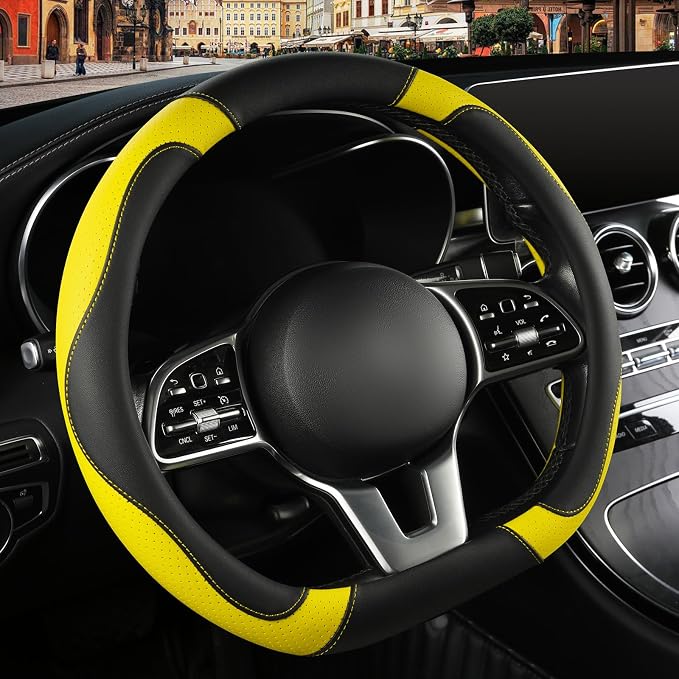 Microfiber Leather D Shaped Steering Wheel Cover, Breathable, Anti Slip, Universal 15 inch, Black with Yellow